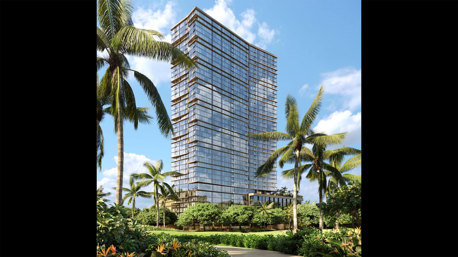 Park Ward Village tower exterior at sunset with ocean backdrop in Honolulu