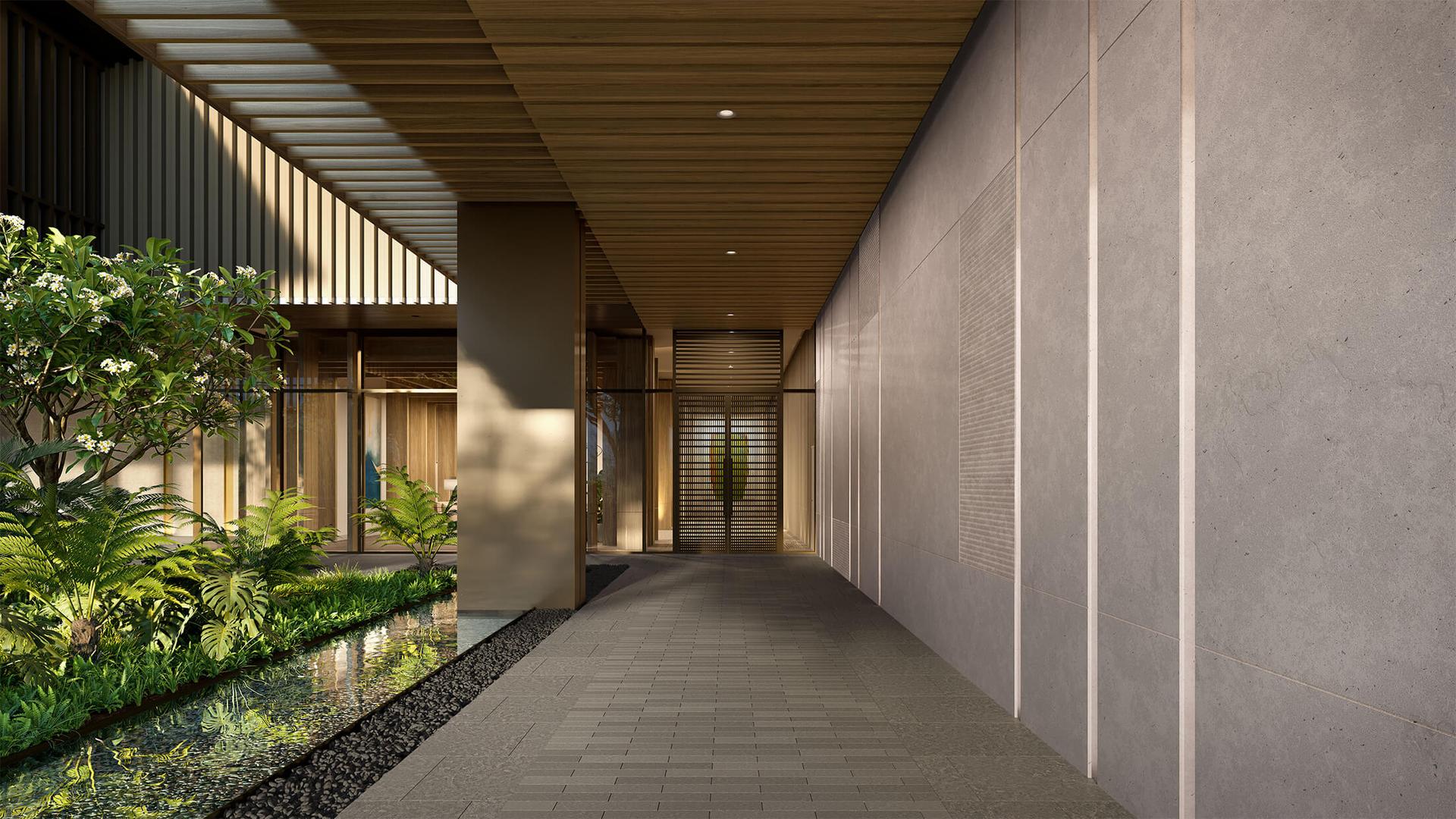 Landscaped entry walkway leading to Park Ward Village tower