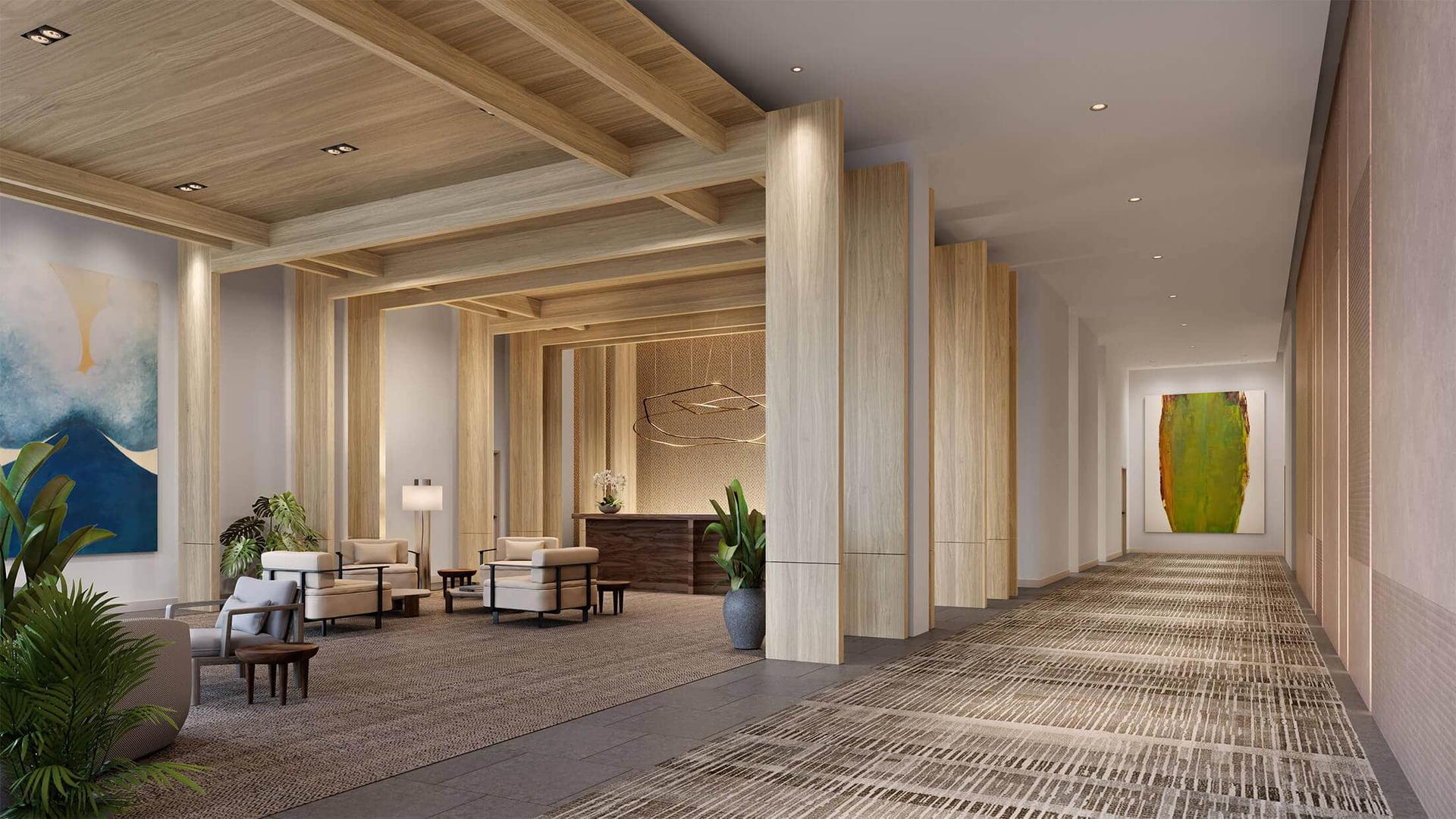 Grand lobby interior of Park Ward Village with contemporary design