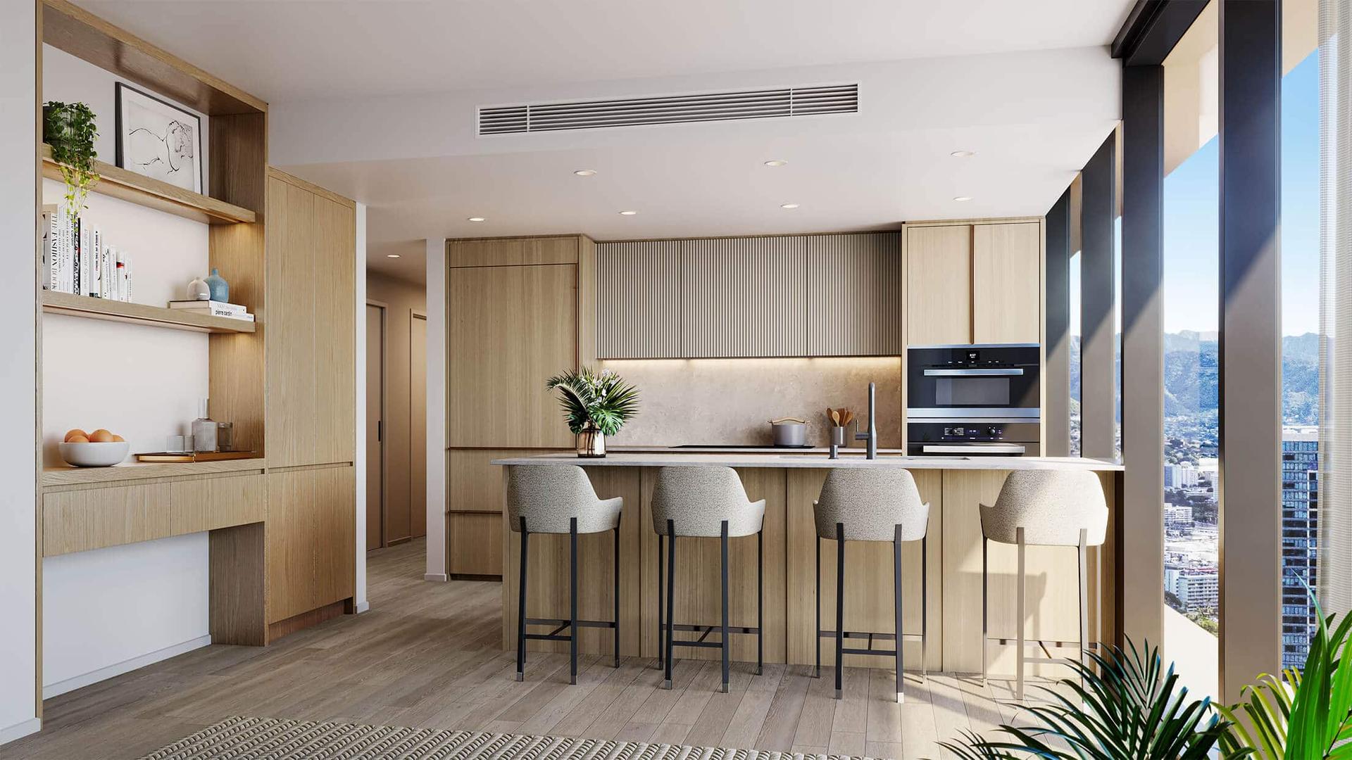 Modern kitchen with light scheme and premium appliances in Unit 4010
