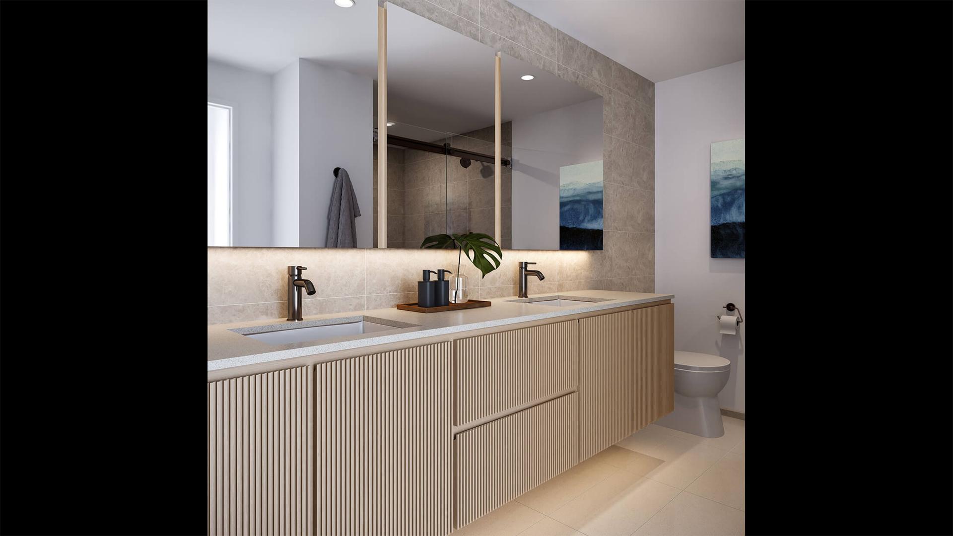 Premium bathroom with modern fixtures and light stone countertop