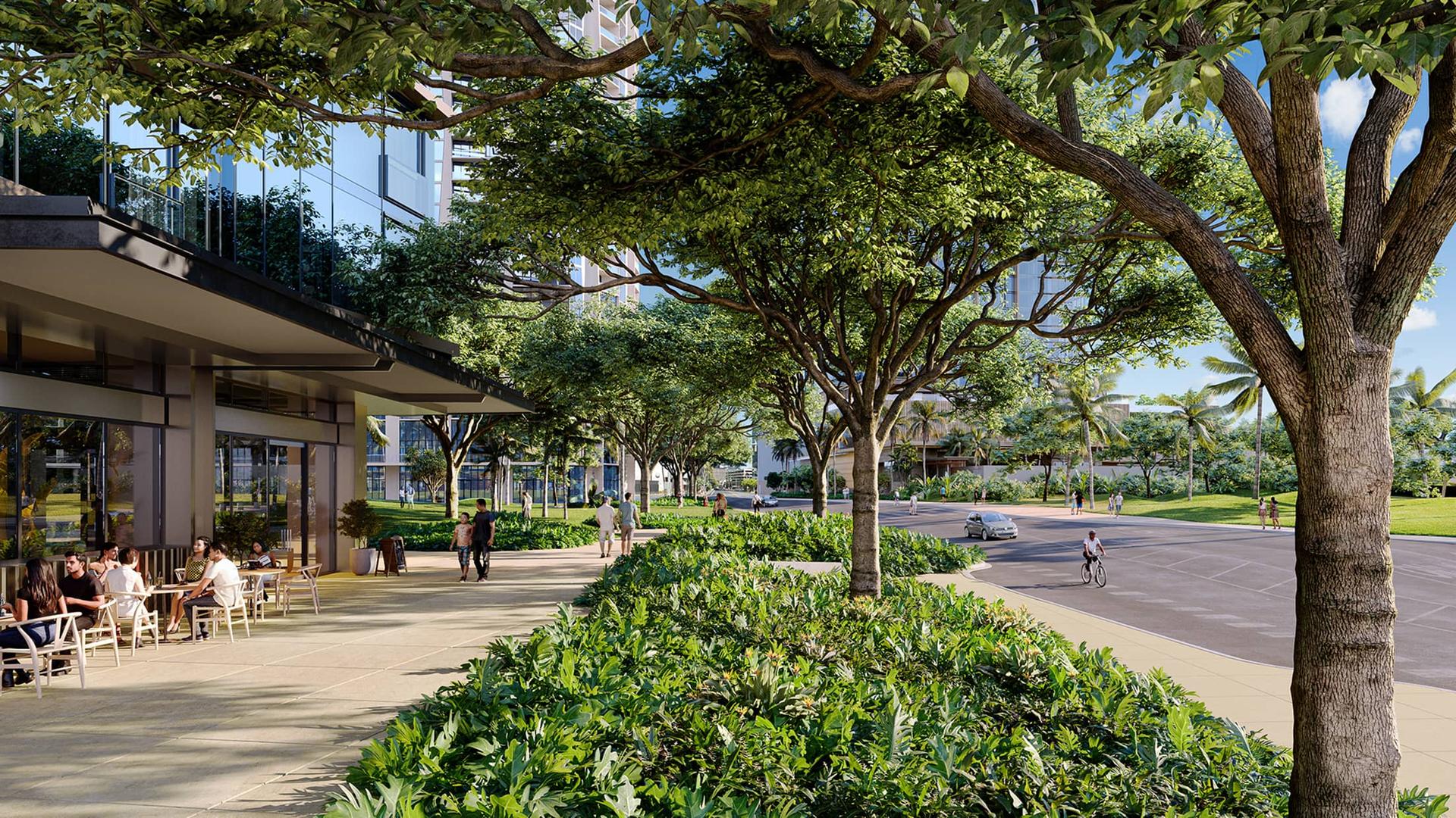Auahi Street promenade with pedestrian walkway at Ward Village