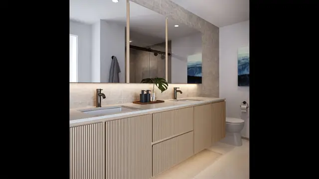 Premium bathroom with modern fixtures and light stone countertop